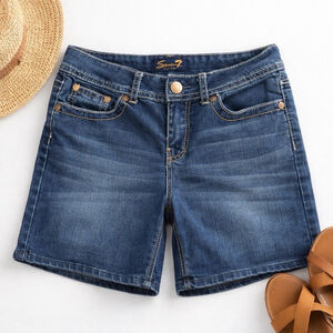 Seven7 Women's Denim Shorts W 26 Blue Stretch Embroidered Pockets Mid-Rise Jorts
